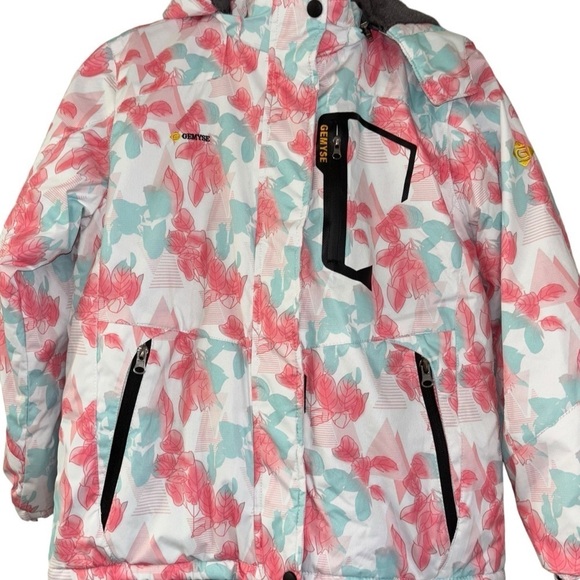 GEMYSE Hooded Snowboarding  Hooded Jacket  Girl’s L Watercolor Flowers Pink Blue - Picture 3 of 14